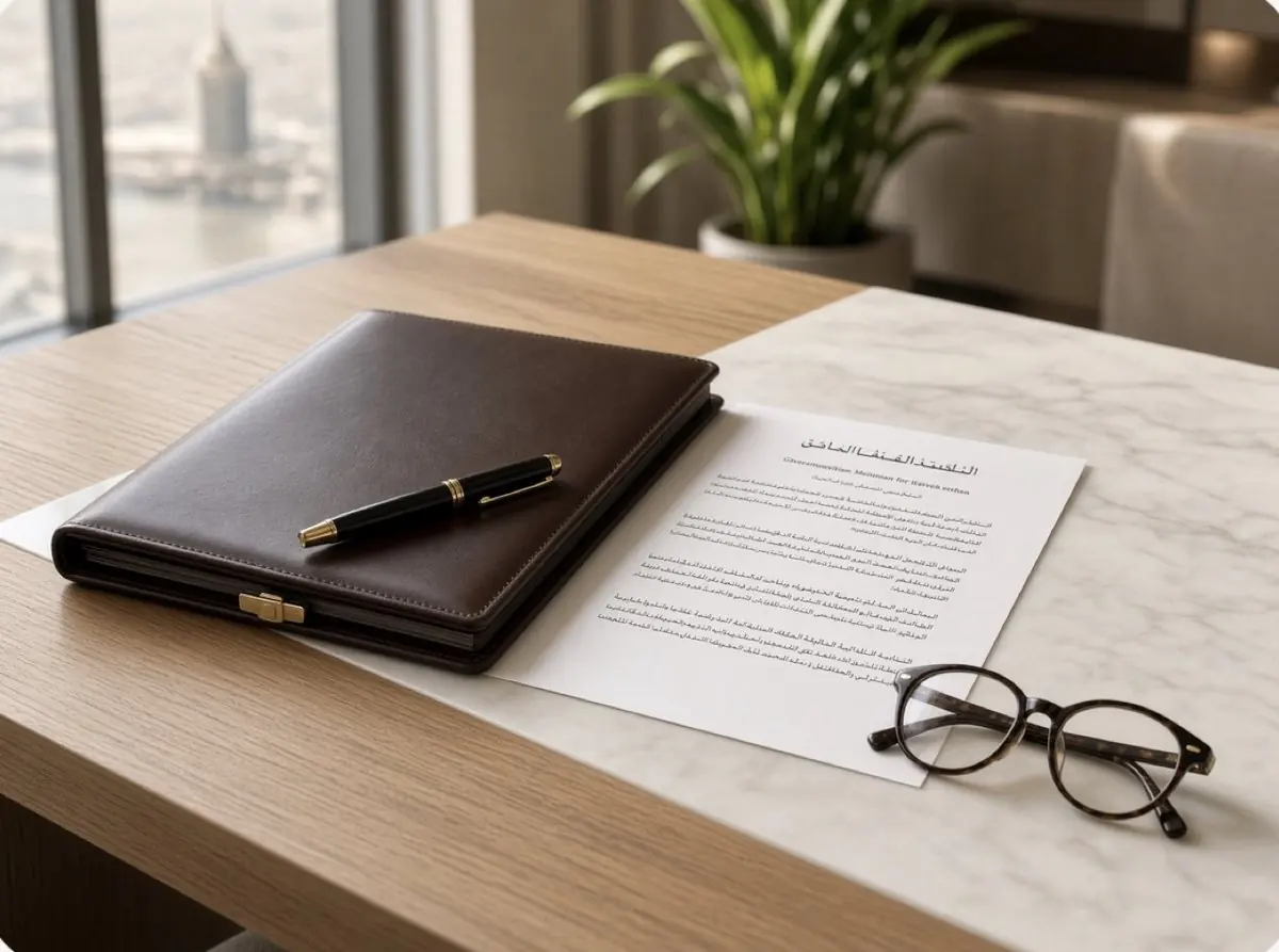 Legal documents, leather folio and glasses on a marble desk