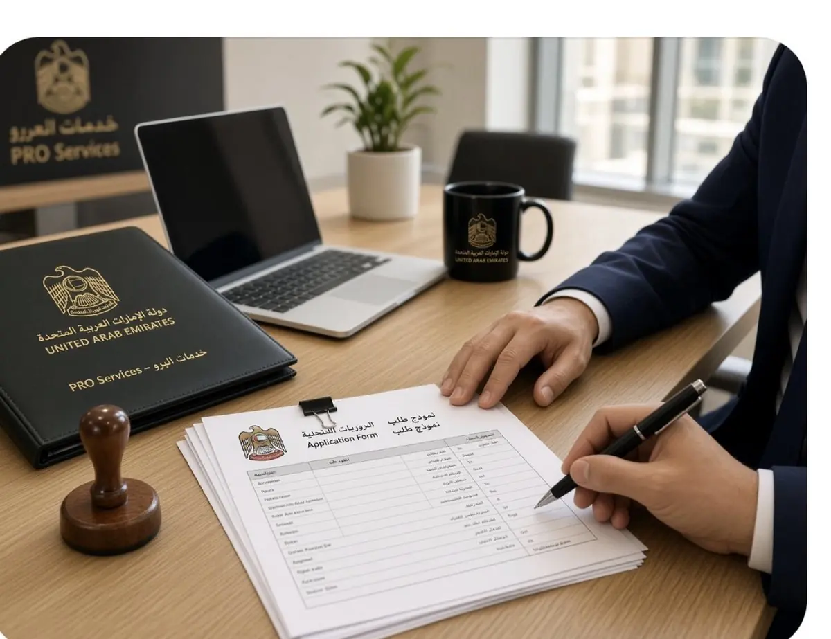 PRO officer completing a UAE application form at the Khalis desk