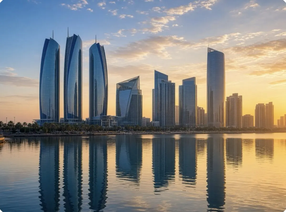 Abu Dhabi skyline at sunset over the water